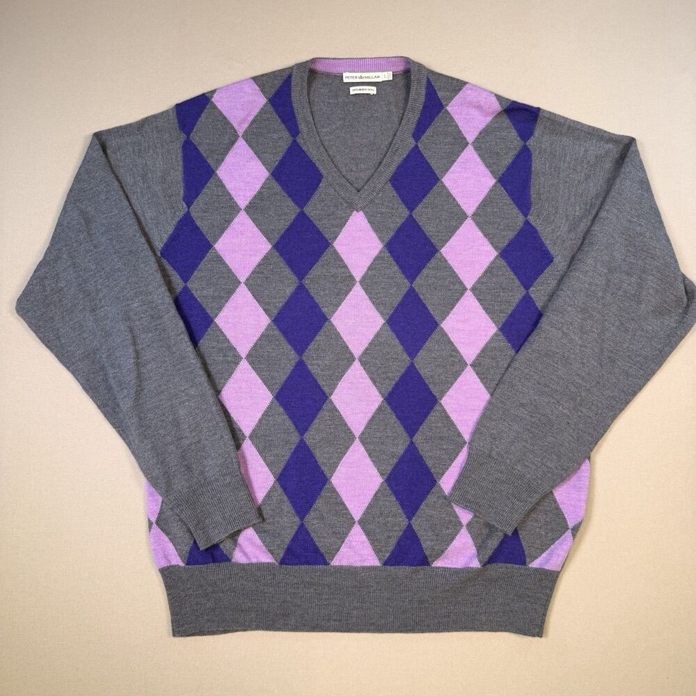 Peter Millar Men's 100% Merino Wool V-Neck Sweater Purple/Grey Argyle • Large